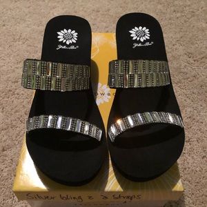Yellow Box Wedge Sandals with Crystals Size 7.5.